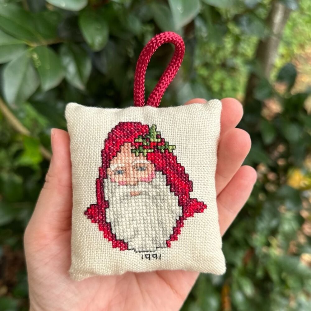 Vintage Handmade Cross Stitch Santa Christmas Ornament 1991 Cottagecore Holiday